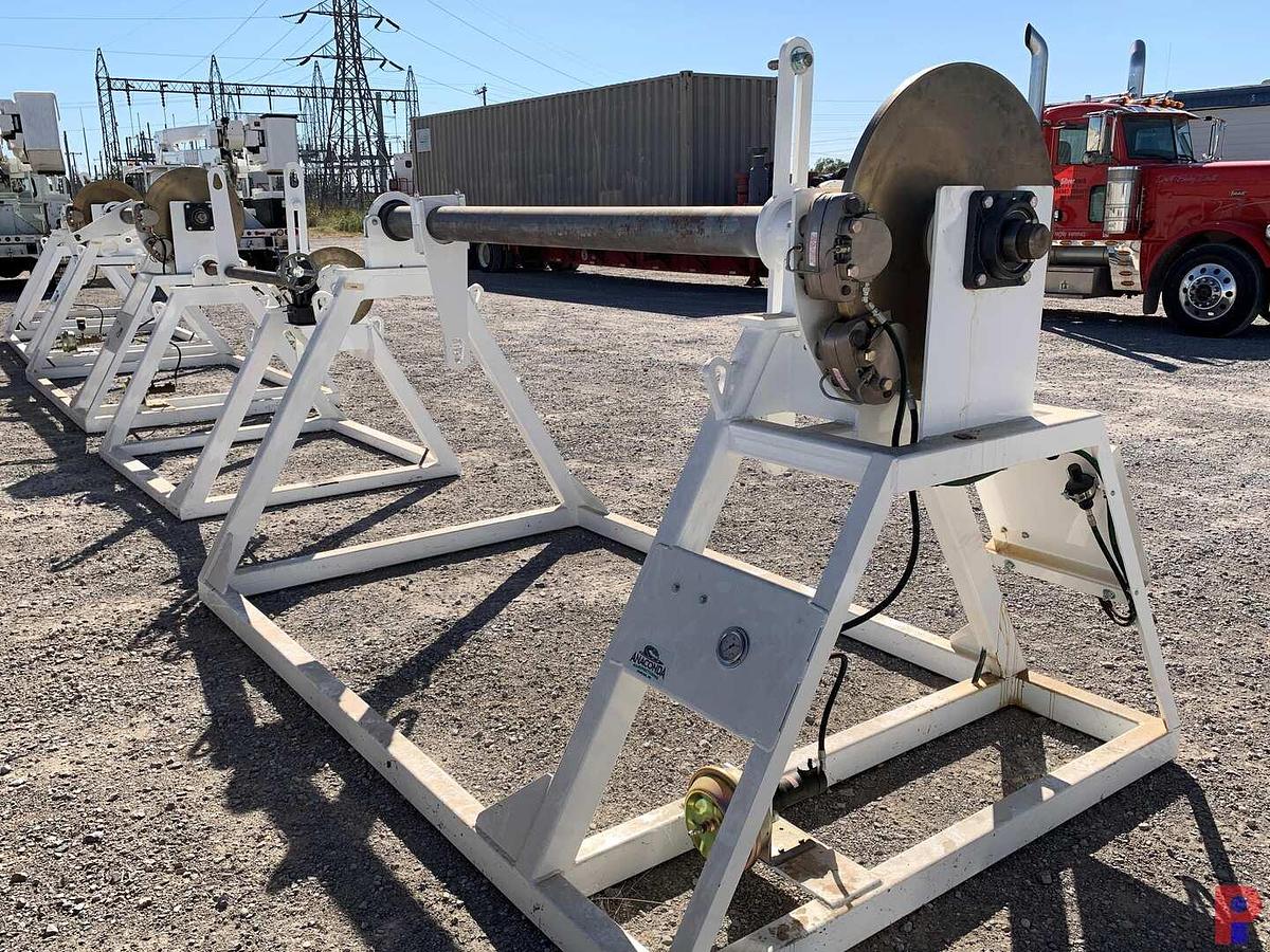 Used 94”W X 5’H REEL STAND W/ 28” DUAL CALIPER HYDRAULIC HAND BRAKE