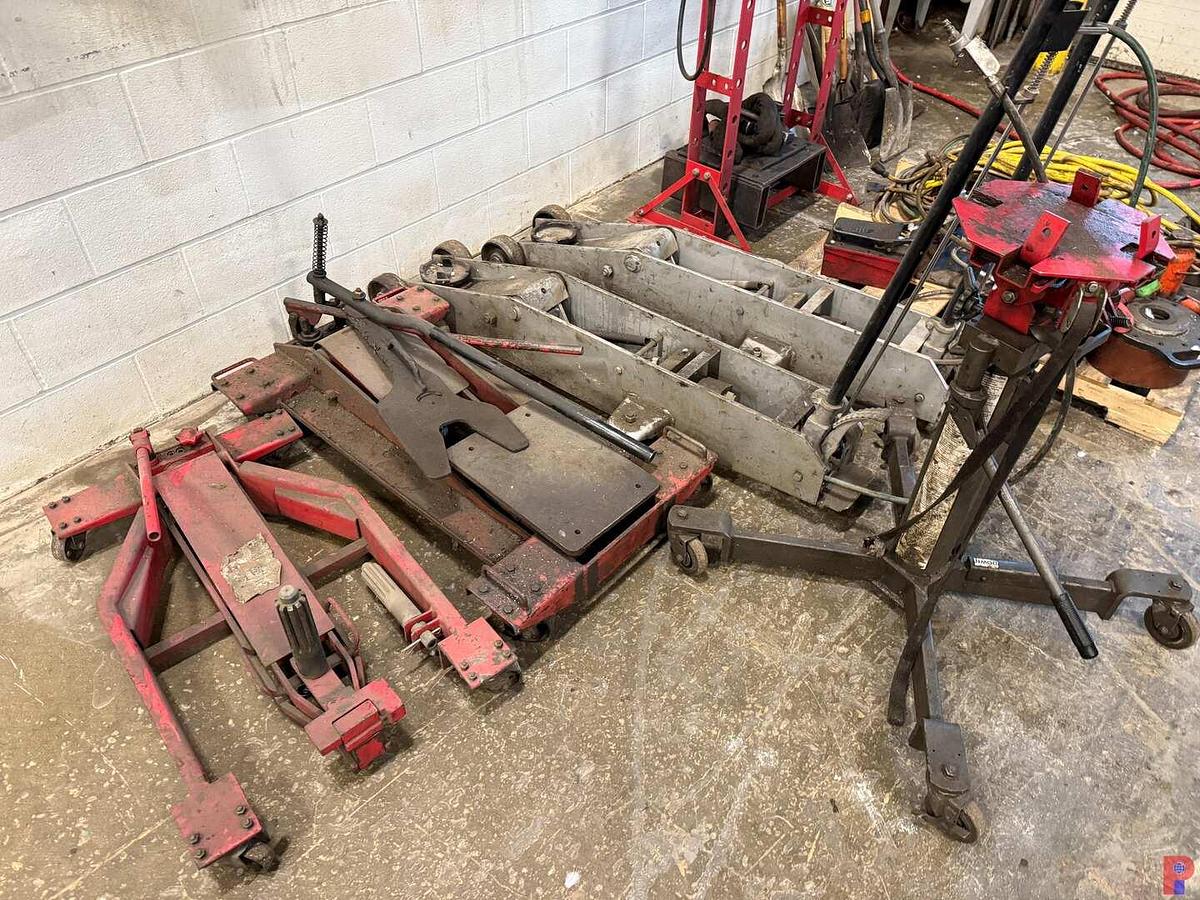 Used LOT OF (2) HD FLOOR, TRANS. & (2) CLUTCH JACKS, PALLET OF PLHYD. FOOT PUMPS, HOSES, JACKS, 20 TON PRESS JACK