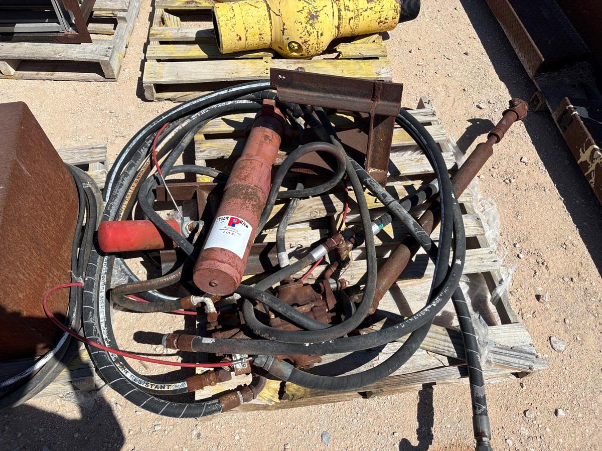 Used (3 pallets) w/ 26” x 24” x 16” hydraulic oil tank, hydraulic pump, hoses, hyd jack, breaker box, etc.