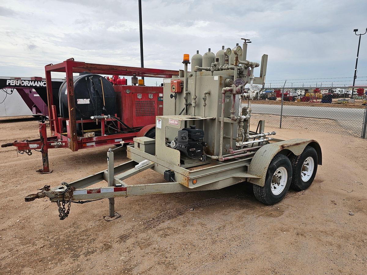 Used 2-station closing unit mtd on shopbuilt t/a bumper pull trailer
