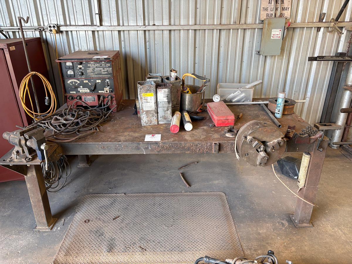 Used 8’ x 4’ x 33” metal shop table w/ contents