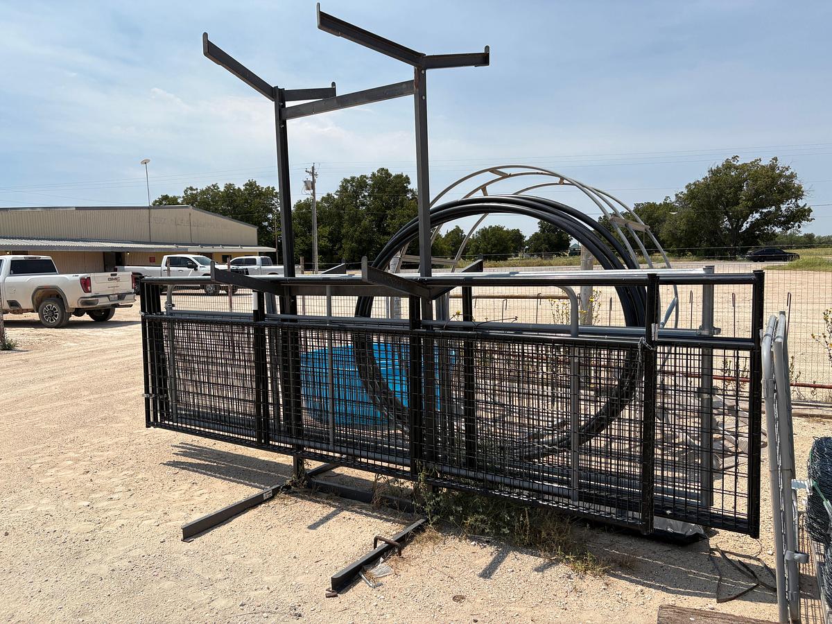 Used (4) 15.5’ x 4’ gates, (2) 13.5’ x 4’ gates, (1) 11.5’ x 4’ gate, & storage rack