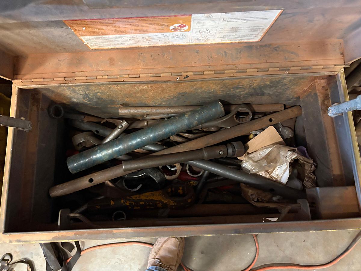 Used Lot w/ (3) job boxes w/ contents, trailer hitches, air & hydraulic hoses, safety harnesses, ladders, etc.