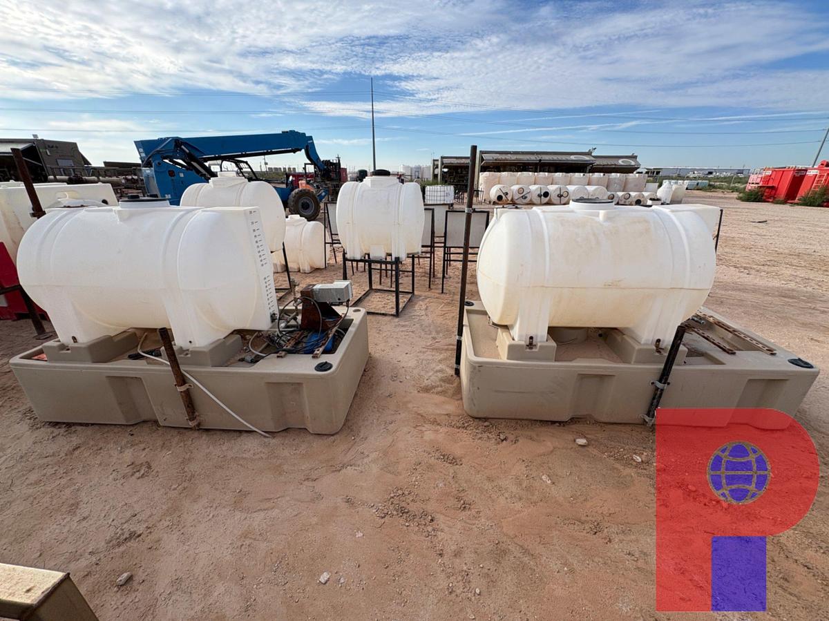 Used (2) 220 GALLON POLY TANKS W/ WEIGHTED BASES