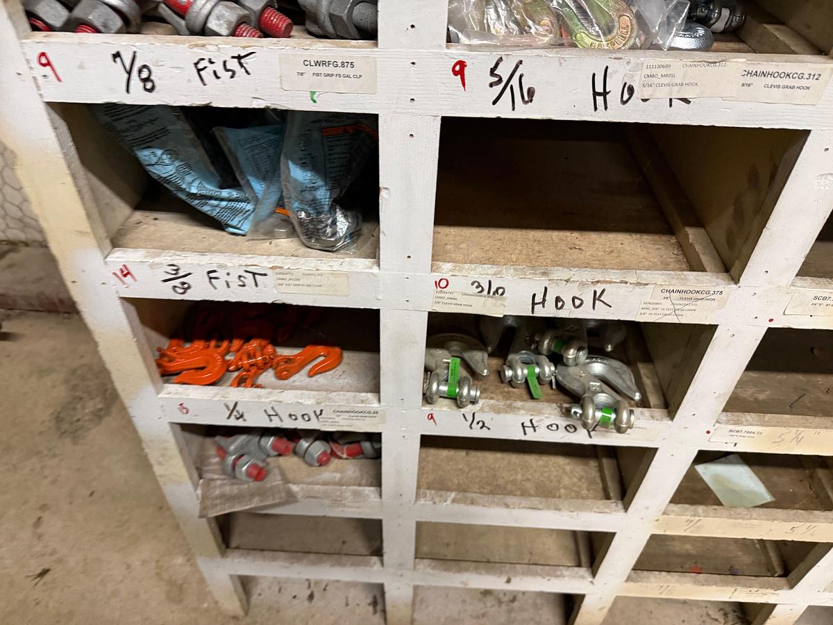 Used SECTION OF (50+)1/4” THRU 3/8” FIST GRIP U-BOLT CLAMPS, CHAIN HOOKS & BINDERS, SOME VICTAULIC COUPLINGS, ROD STRIPPER RUBBERS