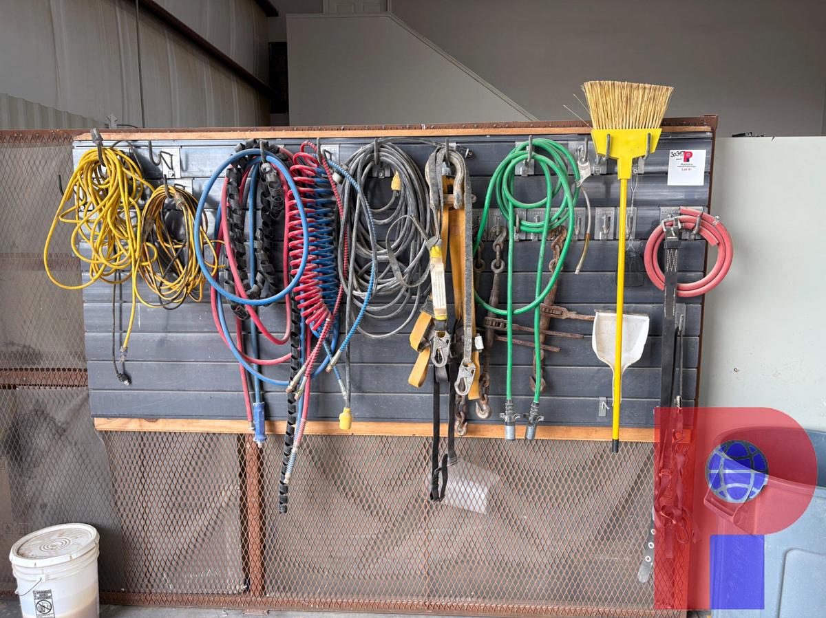 Used LOT OF ASSORTED AIR HOSE, EXTENSION CORDS, CHAIN BINDERS, HARNESSES