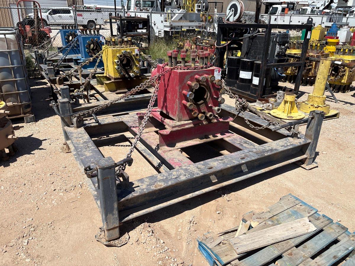 Used 8’ x 6’ adjustable height frac tree transport skid w/ 7-1/16” 3-way fluid cross