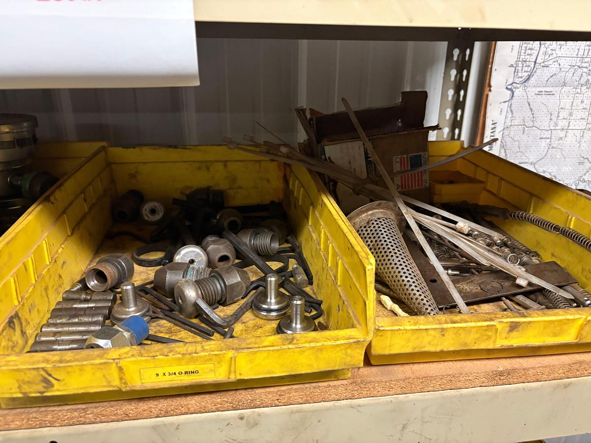 Used 4’ x 2’ x 6’ shelving w/ assorted test pump gauges, needle valves, hydraulic fittings, packing/seals, toolboxes, etc.