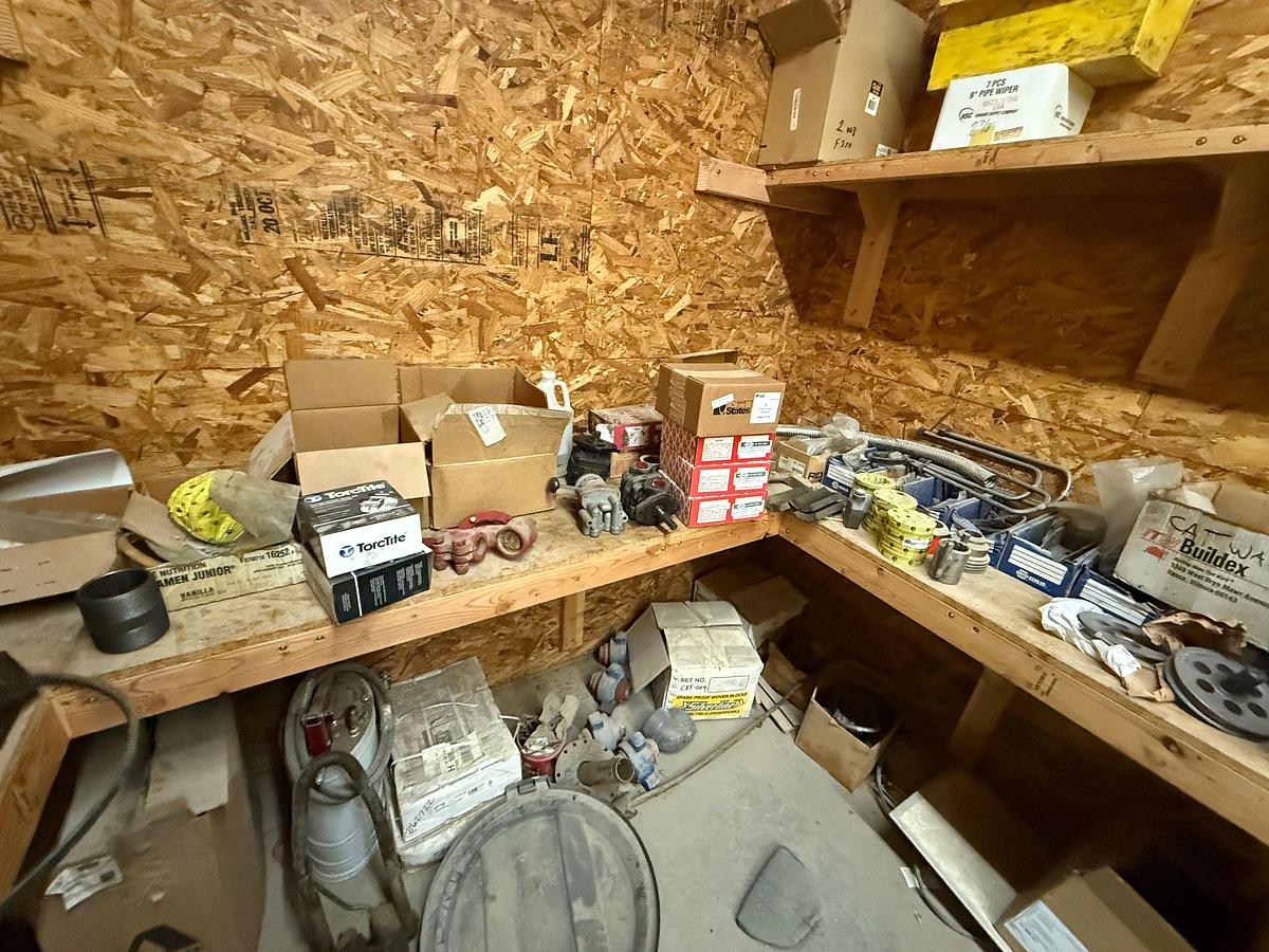 Used PARTS ROOM W/ CONTENTS OF, ROD ELEVATORS, SNATCH BLOCK, HYD VALVE BANK, (8) SHARK TOOTH BITS, JASK STANDS, FUEL PUMP, & RELATED