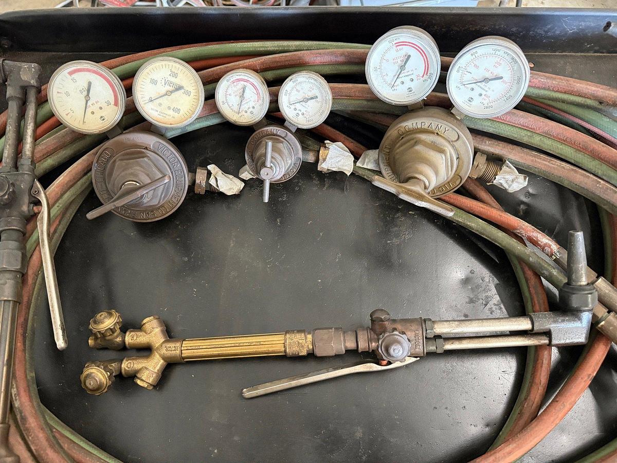 Used 30 FT. Oxygen/Acetylene Hose, 3 Sets of Victor gauges as well as 3 Victor Torches.