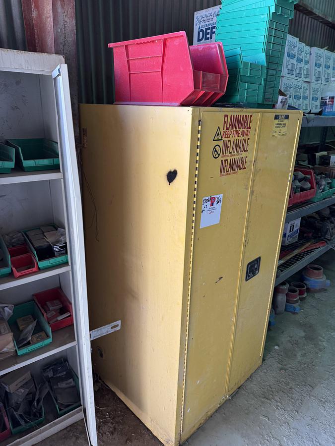 Used (1) 34”L X 34”L X 65”H FLAMMABLE LIQUID STORAGE CABINET & (1) 30”L X 15”W X 72”H 3-SHELF CABINET, ALL W/ TRUCK PARTS & PAINT