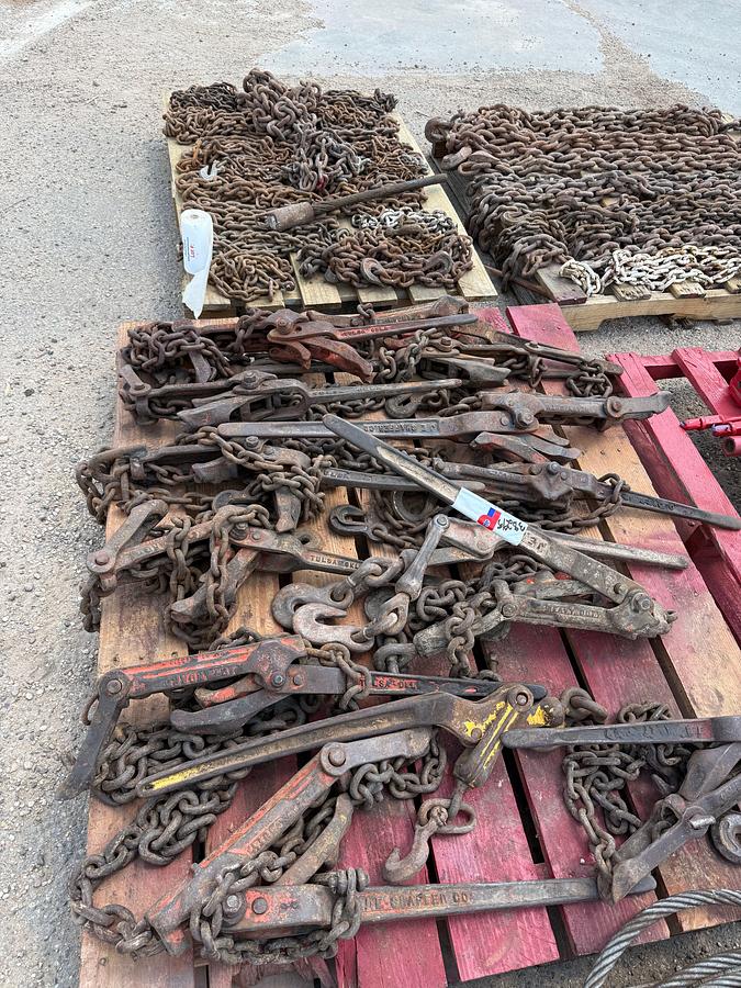 Used (3) PALLETS W/ (14) CHAIN BINDERS & (12+) VARIOUS SIZE CHAINS W/ HOOKS