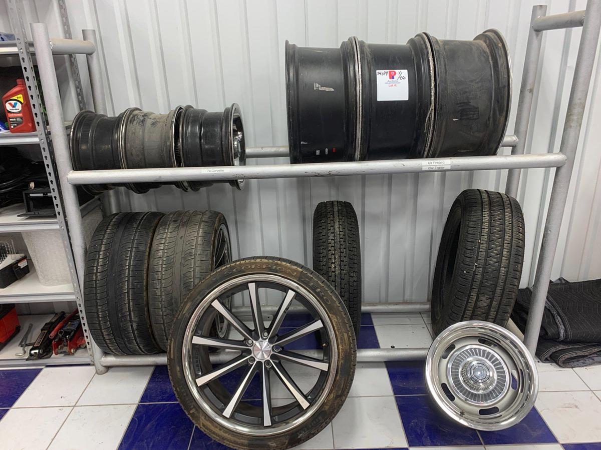 Used 5’ 7” x 7’ 4” x 2 Row Tire Rack  w/ 6 Vorssen 22” Wheels, 4 74 Corvette Wheels