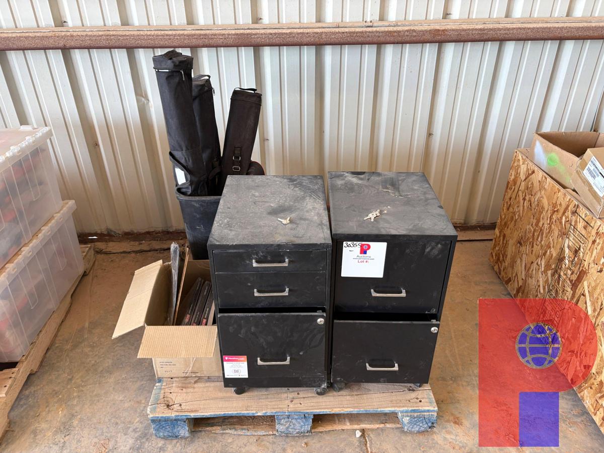 Used (2) PALLETS W/ 2-DRAWER FILING CABINETS, RADIOS, PLASTIC JUGS, PAPER BINS, ETC