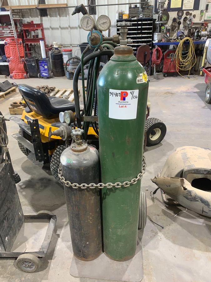 Used Oxygen and Acetylene Bottle Dolly W/ Victor Torch and Rose Bud