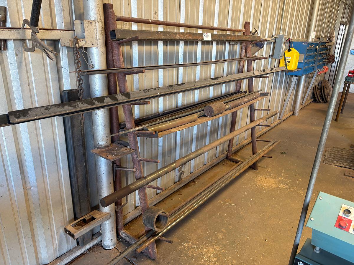 Used 80” x 2’ x 6’ triangle metal rack w/ contents