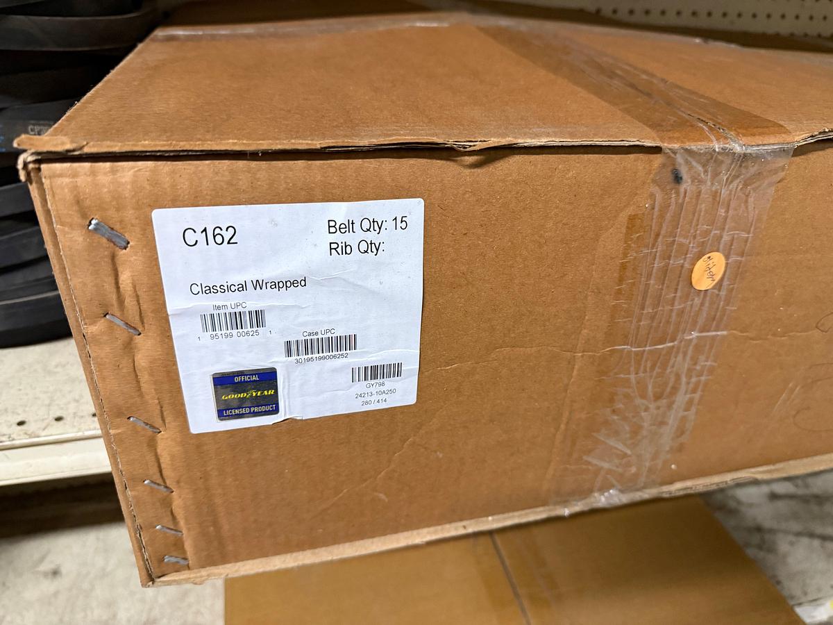 Used SECTION OF (90+) MOSTLY GOODYEAR C-SECTION BELTS SIZE RANGE C165 THRU C360 & (1) C210 POWERBAND V-BELTS