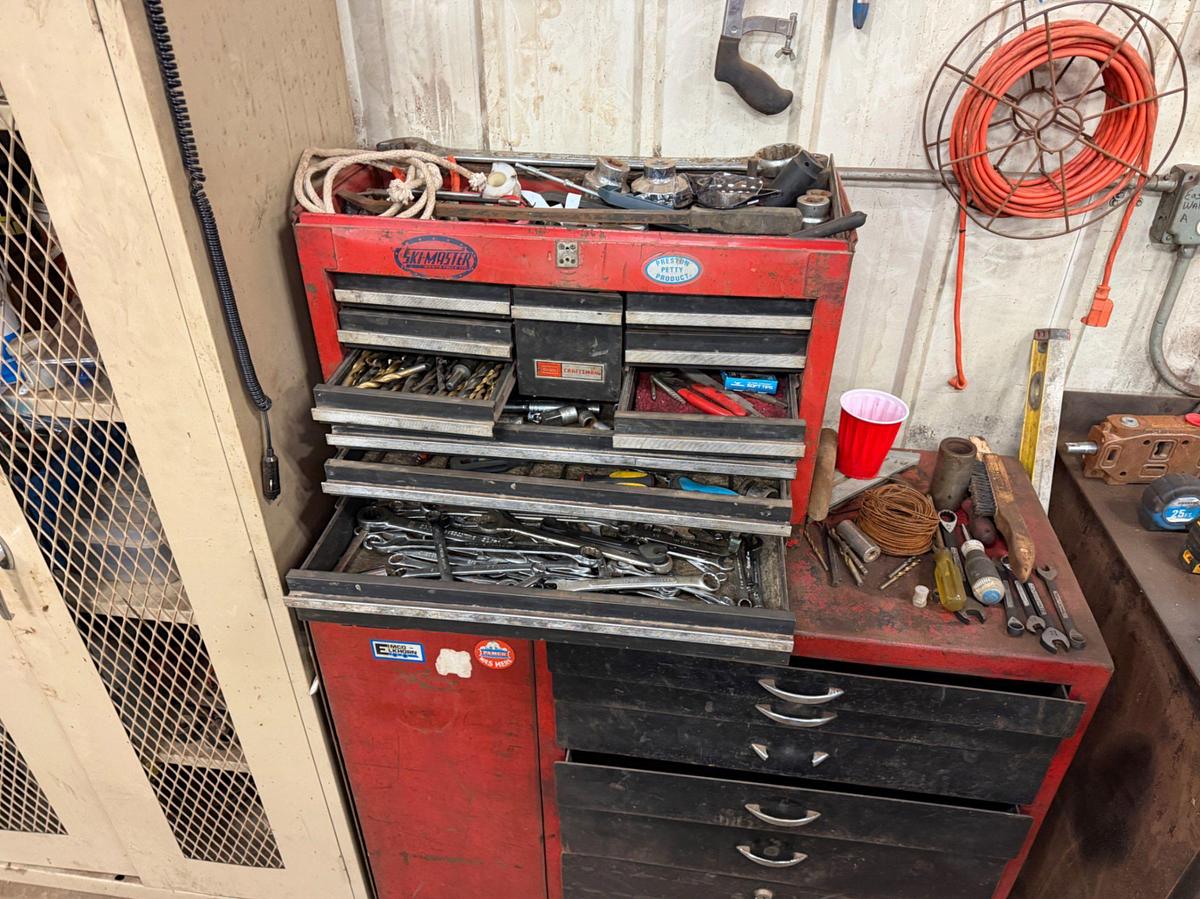 Used Work Bench, Tools & Tool Boxes on east wall to include: