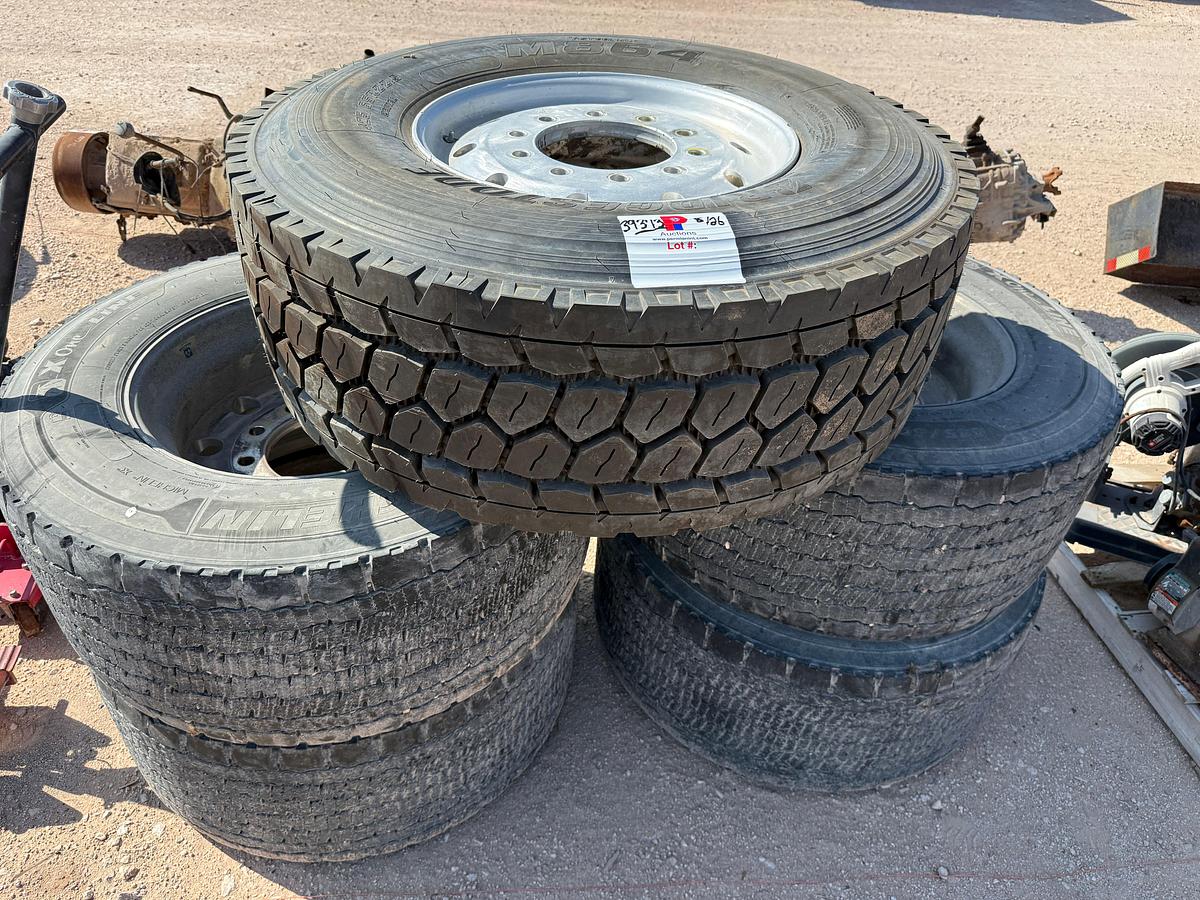 Used (1) (UNUSED) BRIDGESTONE 425/65R22.5 & ALUM WHEEL & (4) MICHELIN 445/50R22.5 SUPER SINGLES W/ ALUM WHEELS