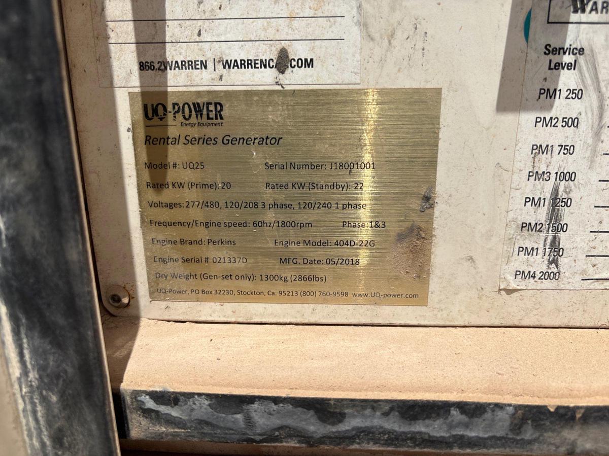 Used 2018 UQ POWER UQ25 20KW S/A BUMPER PULL TOWABLE GENERATOR