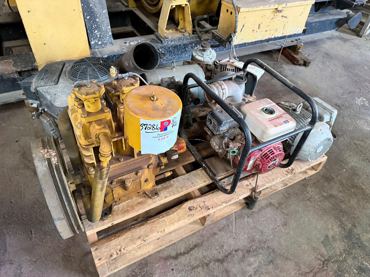 Used PALLET W/ HODA GX160 GAS TRASH PUMP (INOP), BENDIX CAT AIR COMPRESSOR, (4) ELECTRIC MOTORS, KOHLER OHV V-VALVE SMALL ENGINE