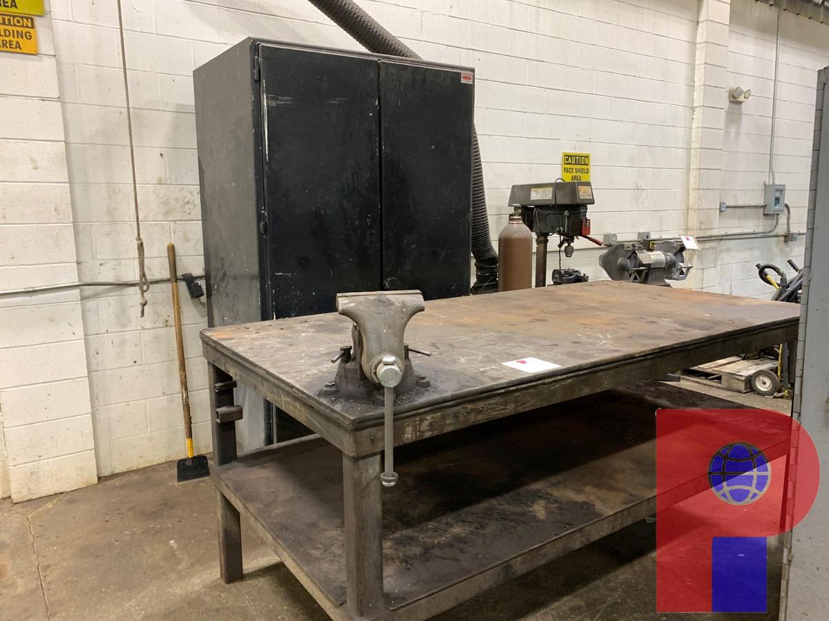 Used 8’ X 4’ STEEL TABLE W/ 8’ X 4’ BOTTOM SHELF W/ 8” JAW VICE