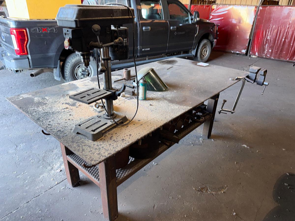Used 8’x4’x3.4’ HEAVY DUTY METAL WORK TABLE W/ SMALL DRILL PRESS
