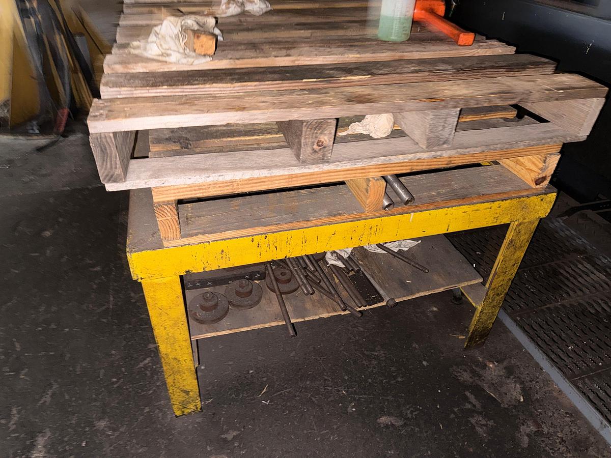 Used (2) 4’x3’x2’ METAL OPEN TOP WORK TABLES & (4) WOOD PALLETS