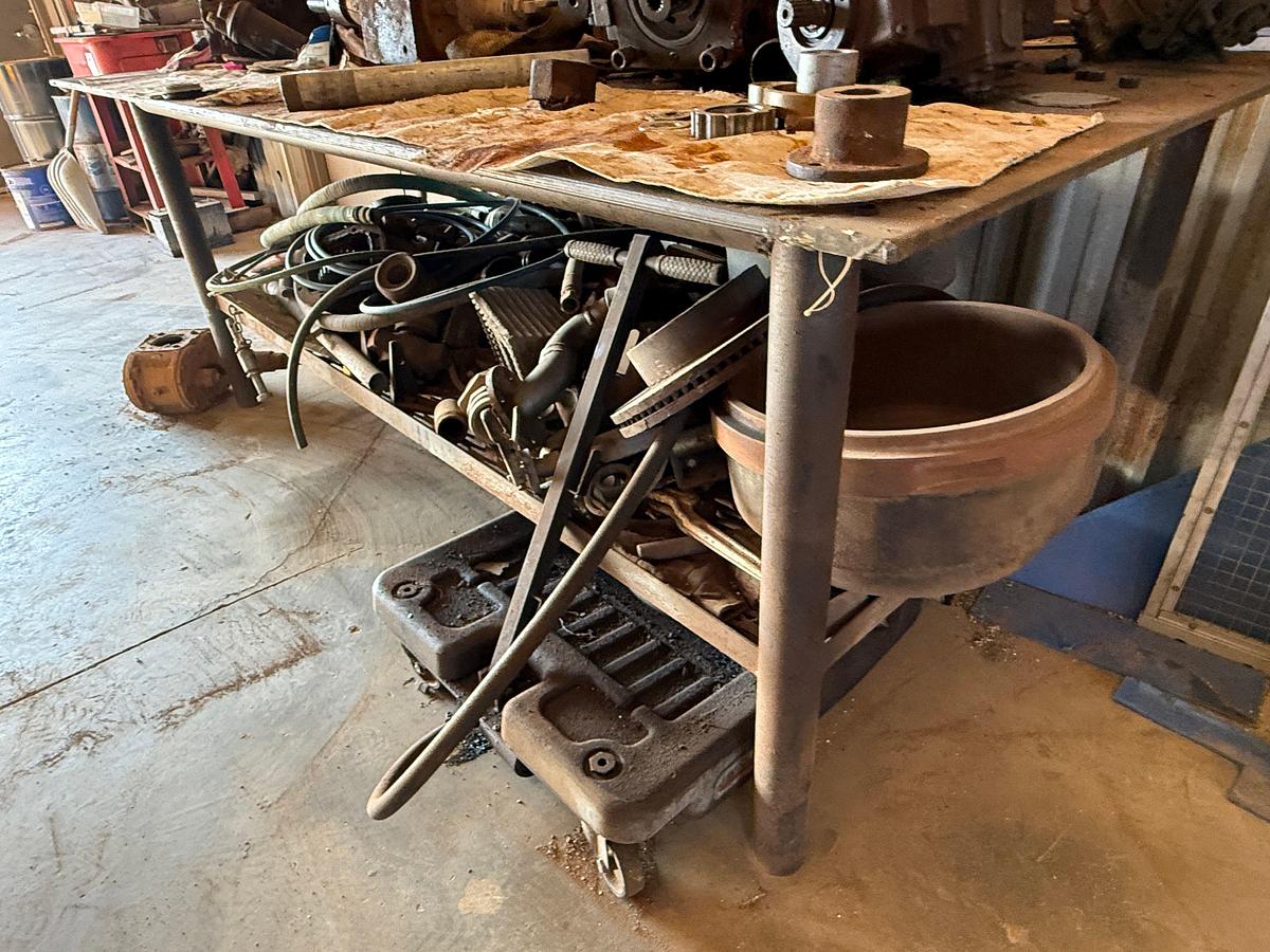 Used 8’ x 4’ x 3’ HD STEEL SHOP TABLE W/ CONTENTS OF (2) TOOLBOXES, PTO, HYD PUMP PARTS, BOWIE PUMP, ROLLING OIL CATCH PAN