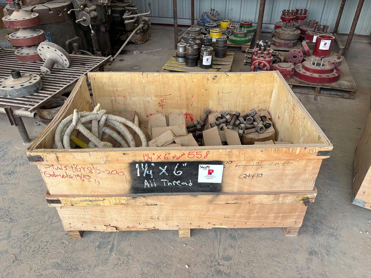 Used Crate of 1-1/4” x 6” stud bolts & (3) valve handles