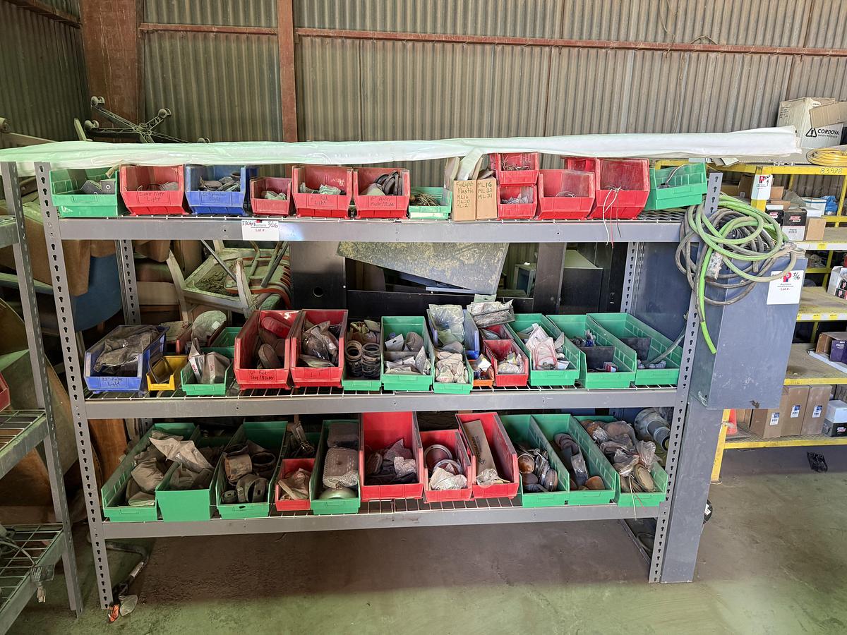 Used 96”L X 24”W X 72”H 3-SHELF RACK, (1) 24-COMP. FITTING BIN, & (1) 4-ROW ELECTRIC WIRE REEL RACK, ALL W/ TRUCK PART & RELATED