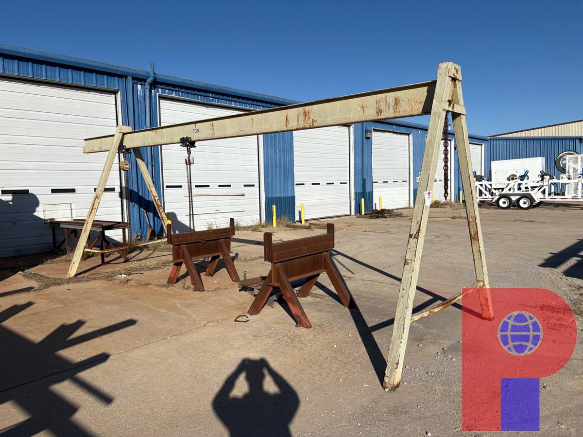 Used 28’L X 8’W X 9’H 1-TON A-FRAME LIFT BEAM W/ (2) CHAIN HOISTS & (2) 50” X 36” TOOL RACKS