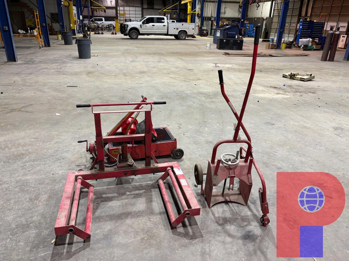 Used TRUCK TIRE WHEEL DOLLY, AFF BRAKE DRUM HANDLER, OIL CATCH PAN W/ MANUAL PUMP