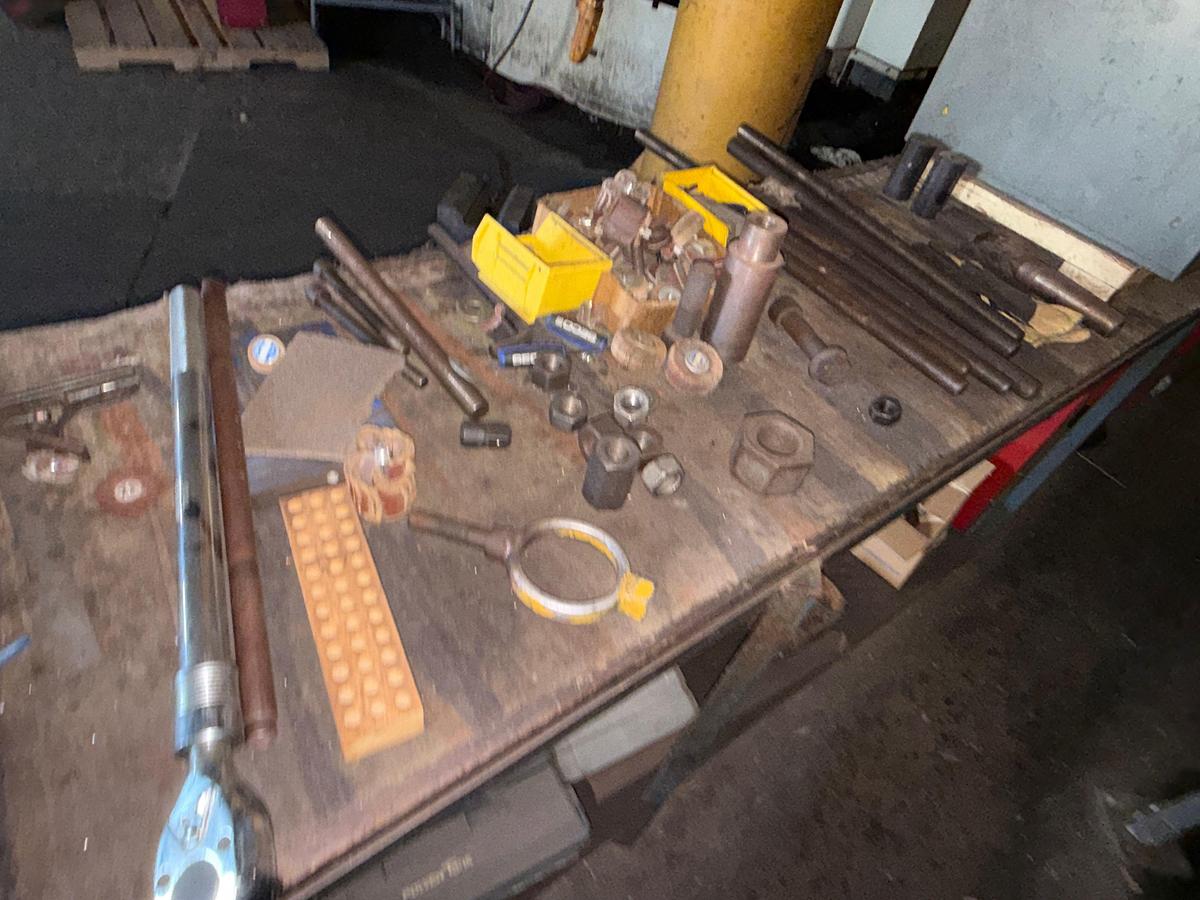 Used SECTION W/ (2) WORK BENCHES, SMALL METAL CABINET INCLUDING CONTENTS OF MACHINE CUTTING TOOLS, SOME HAND TOOLS, & RELATED