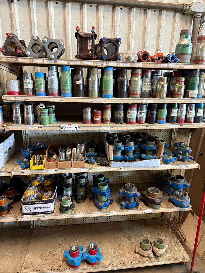 Used SECTION OF (60+) MIX HEAVY & STD 2” THRU 3” SWAGES, FIG 200, 400, & SOME 1502 PIPE UNIONS, SLEEVE COUPLINGS