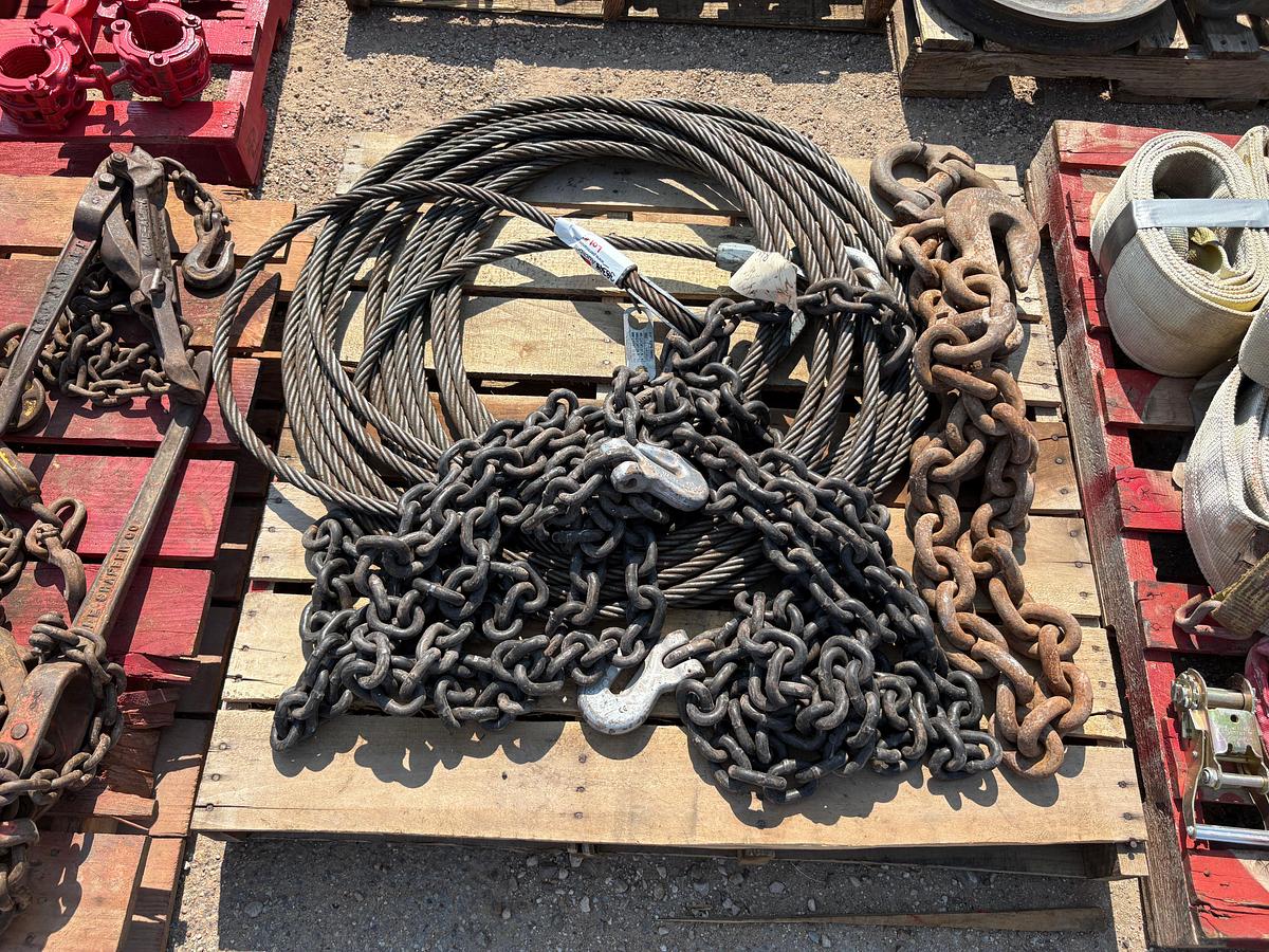 Used (3 pallets) w/ 3/4” wire rope, heavy duty chains, nylon lift straps, & sling restraints