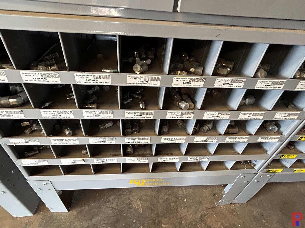 Used KIMBALL MIDWEST 2-DOOR CABINET, (2) 5-ROW FITTING BINS , WIRE SPOOL RACK, PEG BOARD, HOSE CLAMP RACK, BITS, W/ CONTENT (SEE PICS