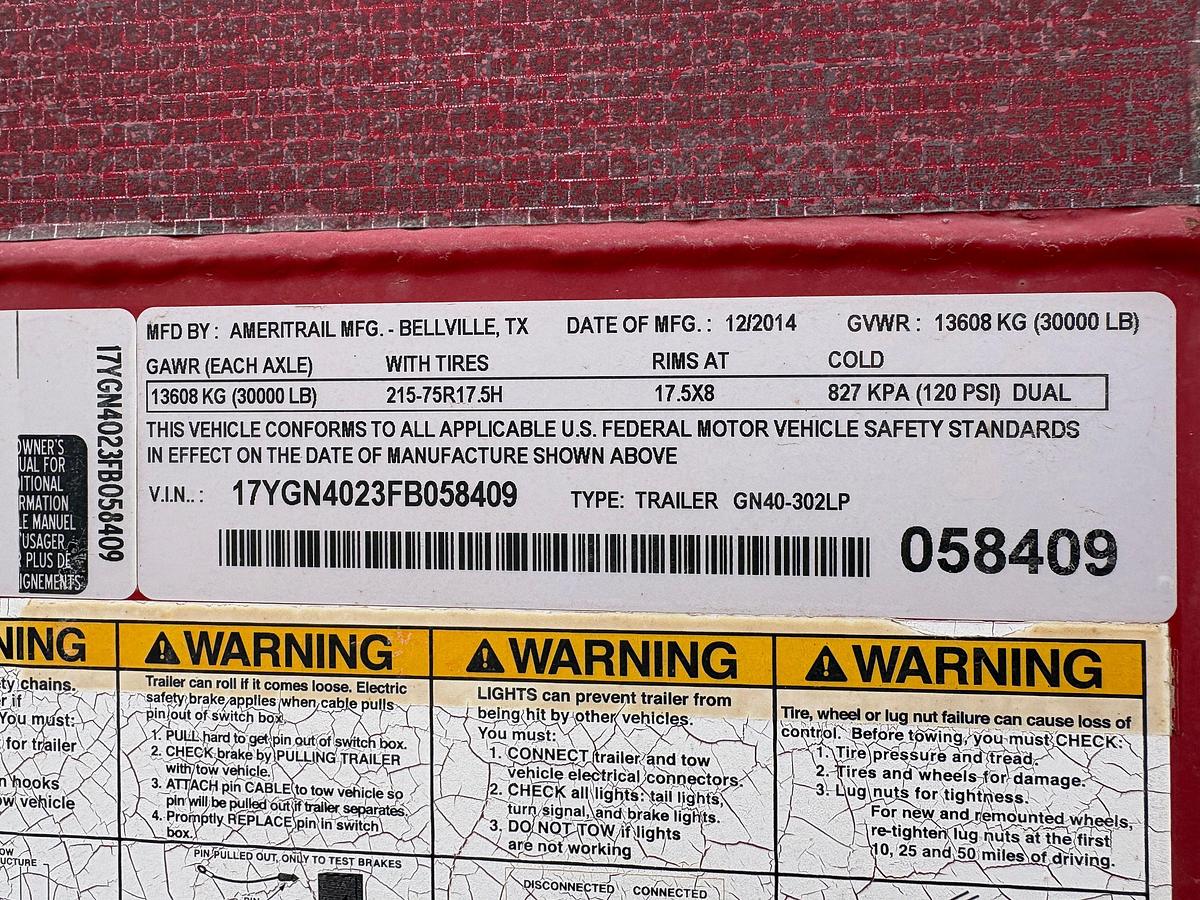 Used 2015 AMERITRAIL 40’ X 100” T/A GOOSENECK TRAILER