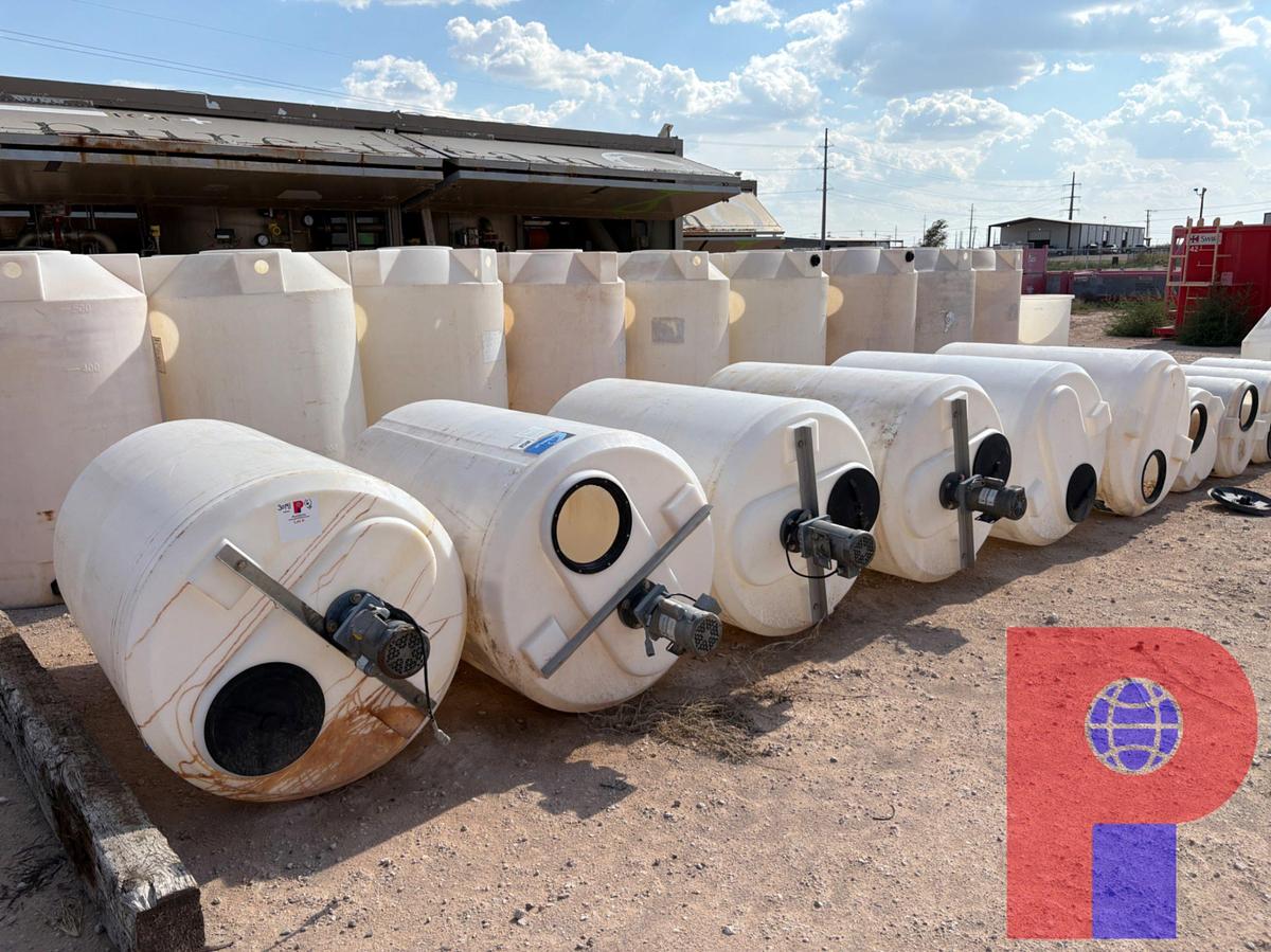 Used (6) 350 GALLON ACE ROTOMOLD POLY TANKS W/ ELECTRIC AGITATORS