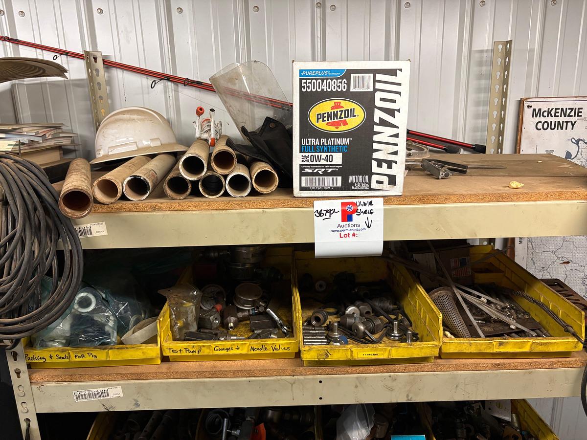Used 4’ x 2’ x 6’ shelving w/ assorted test pump gauges, needle valves, hydraulic fittings, packing/seals, toolboxes, etc.