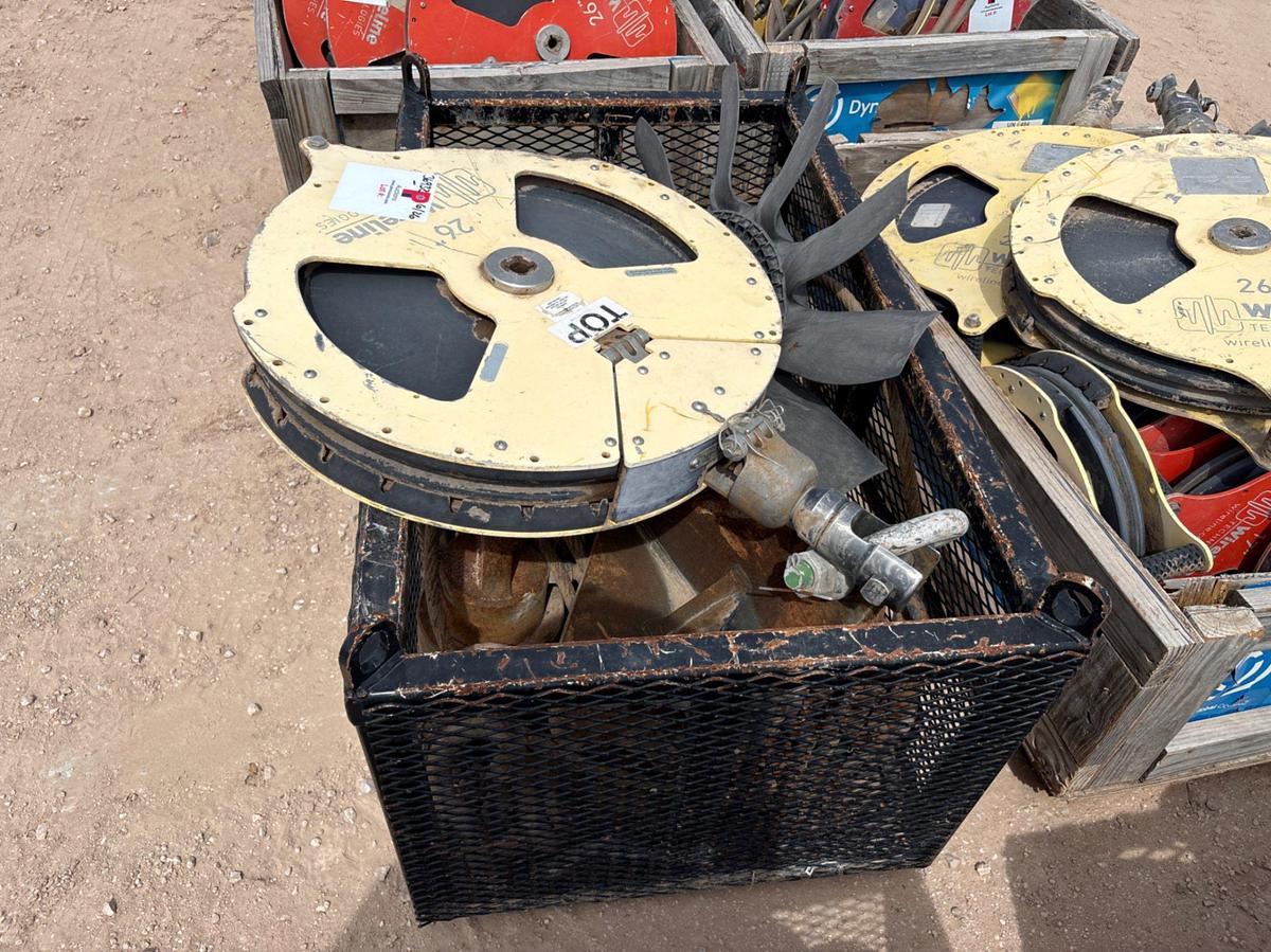 Used (2 baskets) w/ assorted hydraulic hose, 26” wireline sheave, chains, & thread protectors