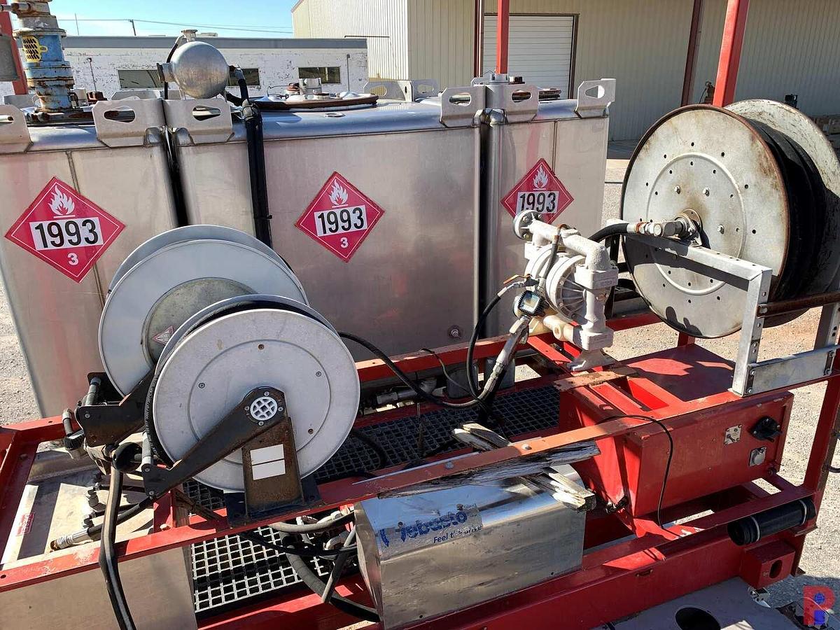 Used 8’ X 8’ HD SKID W/ (3) TRANSTORE STAINLESS STEEL TOTES & HOSE REELS