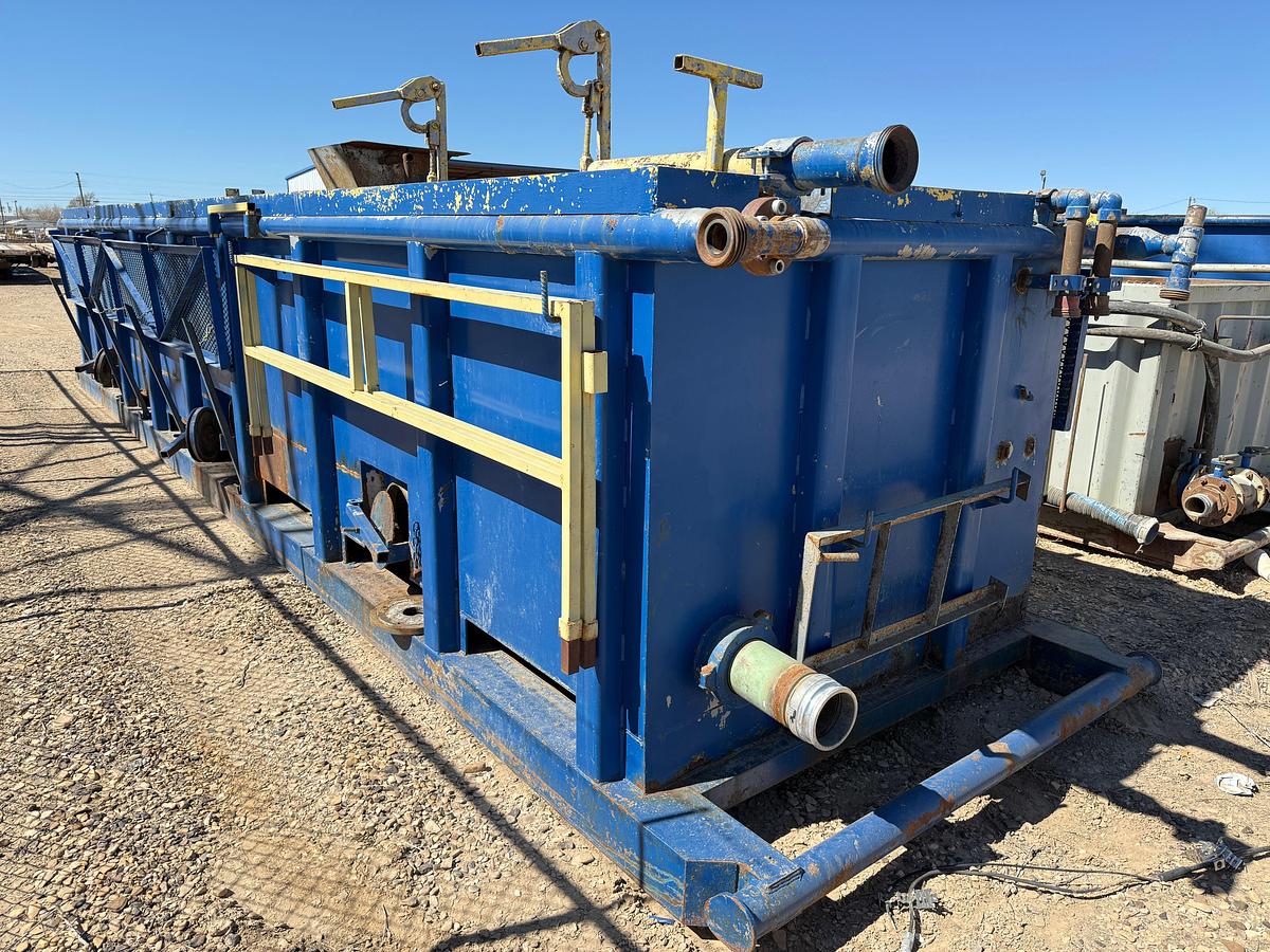 Used 180 BBL 32’ X 7’ X 5’ 3-COMP REVERSE PIT TANK W/ CATWALK,GAS BUSTER, HOSE RACK