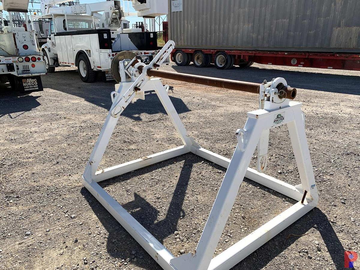 Used 66”W X 48”H REEL STAND W/ ADJUSTABLE 16” BRAKE CALIPER