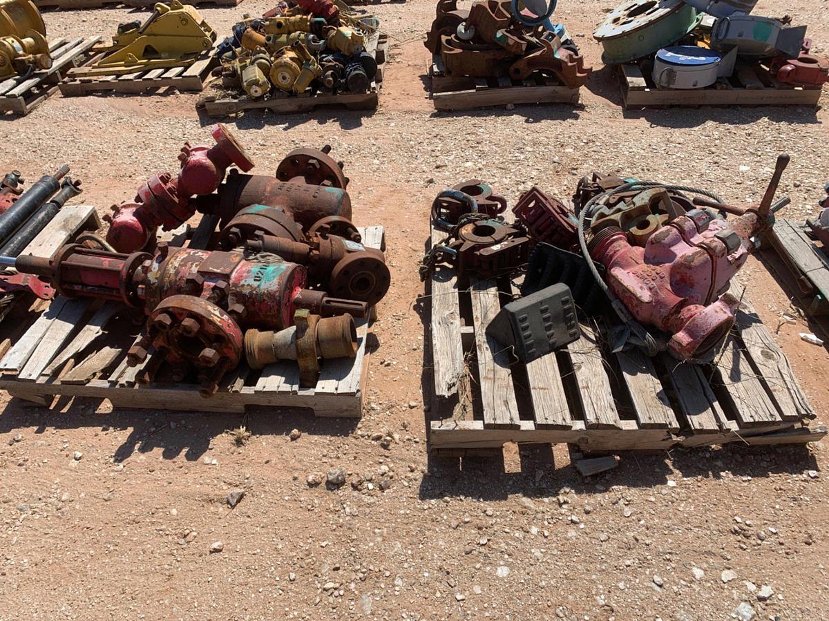 Used (2) Pallets of 5 Manual Gate Valves 5k, 1 BOP Ram, 6 23k Side Door Elevators