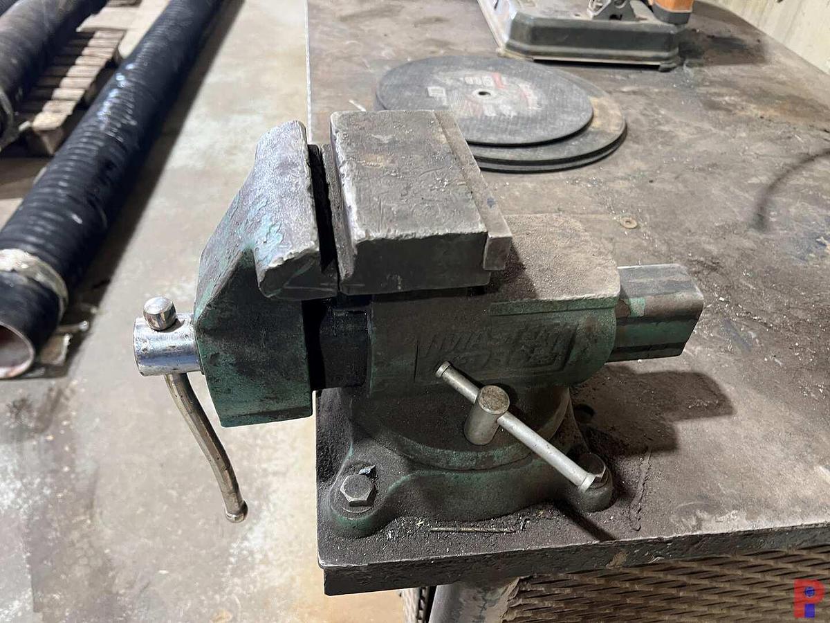Used 10'L X 3'W METAL SHOP TABLE W/ RIGID CHOP SAW, METAL CUTTING DISCS, MTD CHAIN VICE, VICE, & WHITE BOARD