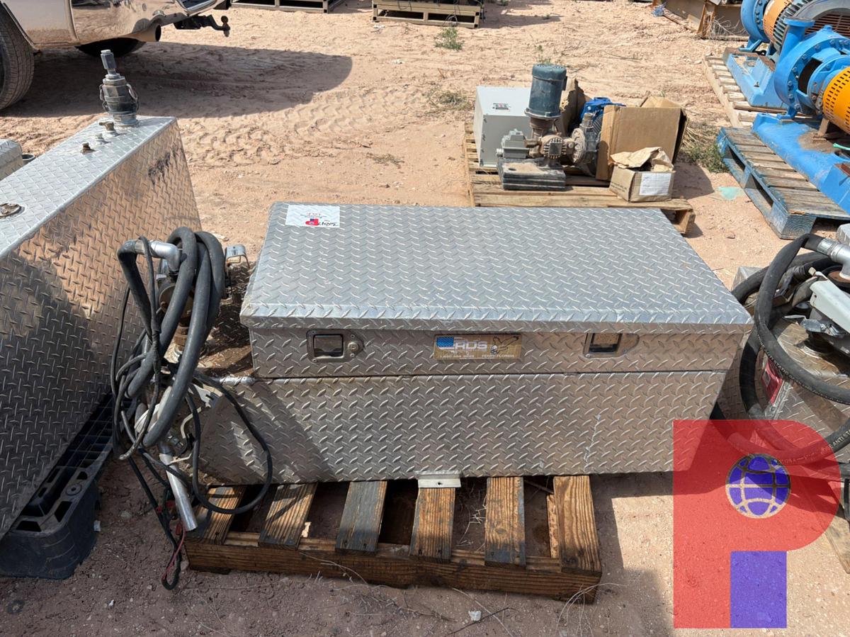 Used RDS 51 GALLON FUEL TRANSFER TANK/ TOOLBOX COMBO W/ TRANSFER PUMP & HOSE