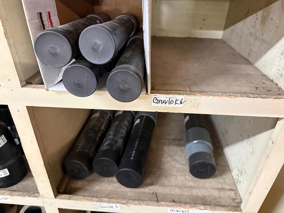 Used SECTION OF MOSTLY HEAVY WALL PVC COUPLINGS, EL’S, SOME STEEL & VICTAULIC TYPE, & (8) FLANGED BALL VALVES & RELATED