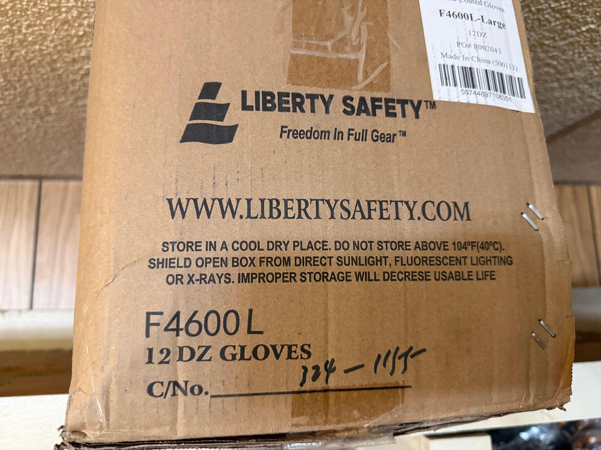 Used WALL SECTION (14) BOXES OF NITRILE GLOVES, (200+) PAIRS G-GRIP GLOVES, BLAKC DOT GLOVES, FLAME RESISTANT, ANIT-SEIZE, & RELATED