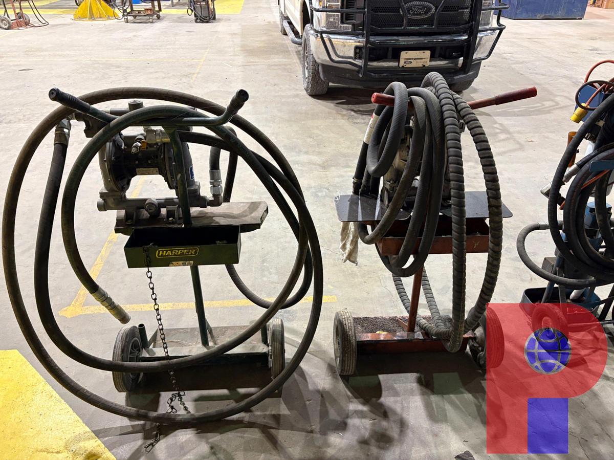 Used (2) GRACO PORTABLE DIAPHRAGM PUMPS W/ SUCTION HOSE & 2-WHEEL DOLLY